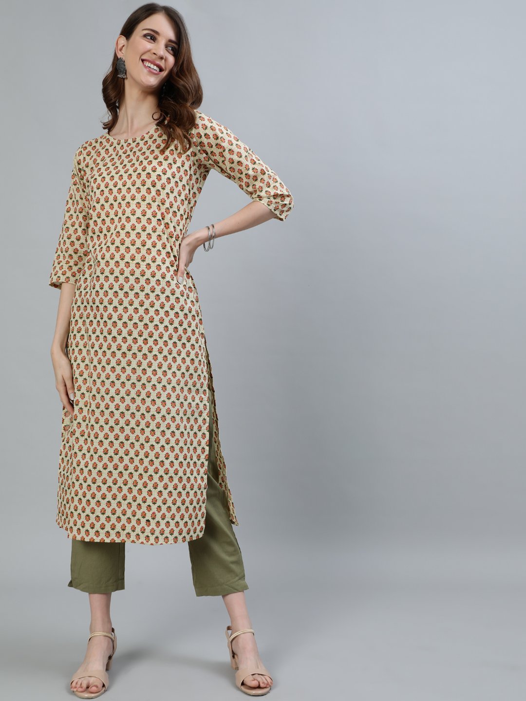 Women Beige Printed Straight Kurta With Three Quarter Sleeves | LASVINI - Redefining Indian Fashion with Elegance