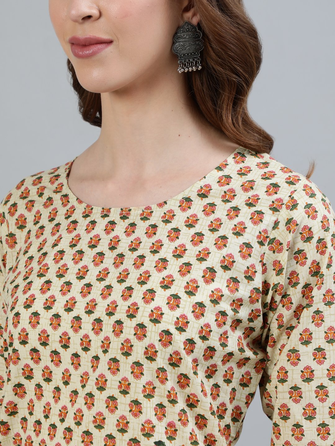 Women Beige Printed Straight Kurta With Three Quarter Sleeves | LASVINI - Redefining Indian Fashion with Elegance