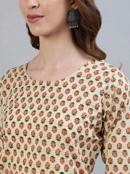 Women Beige Printed Straight Kurta With Three Quarter Sleeves | LASVINI - Redefining Indian Fashion with Elegance