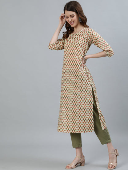 Women Beige Printed Straight Kurta With Three Quarter Sleeves | LASVINI - Redefining Indian Fashion with Elegance