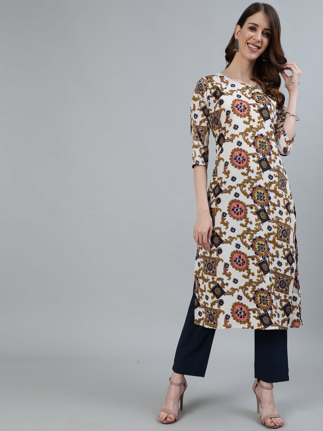 Women Off - White Printed Straight Kurta With Three Quarter Sleeves | LASVINI - Redefining Indian Fashion with Elegance
