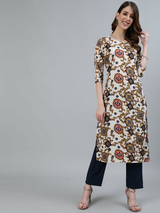 Women Off - White Printed Straight Kurta With Three Quarter Sleeves | LASVINI - Redefining Indian Fashion with Elegance