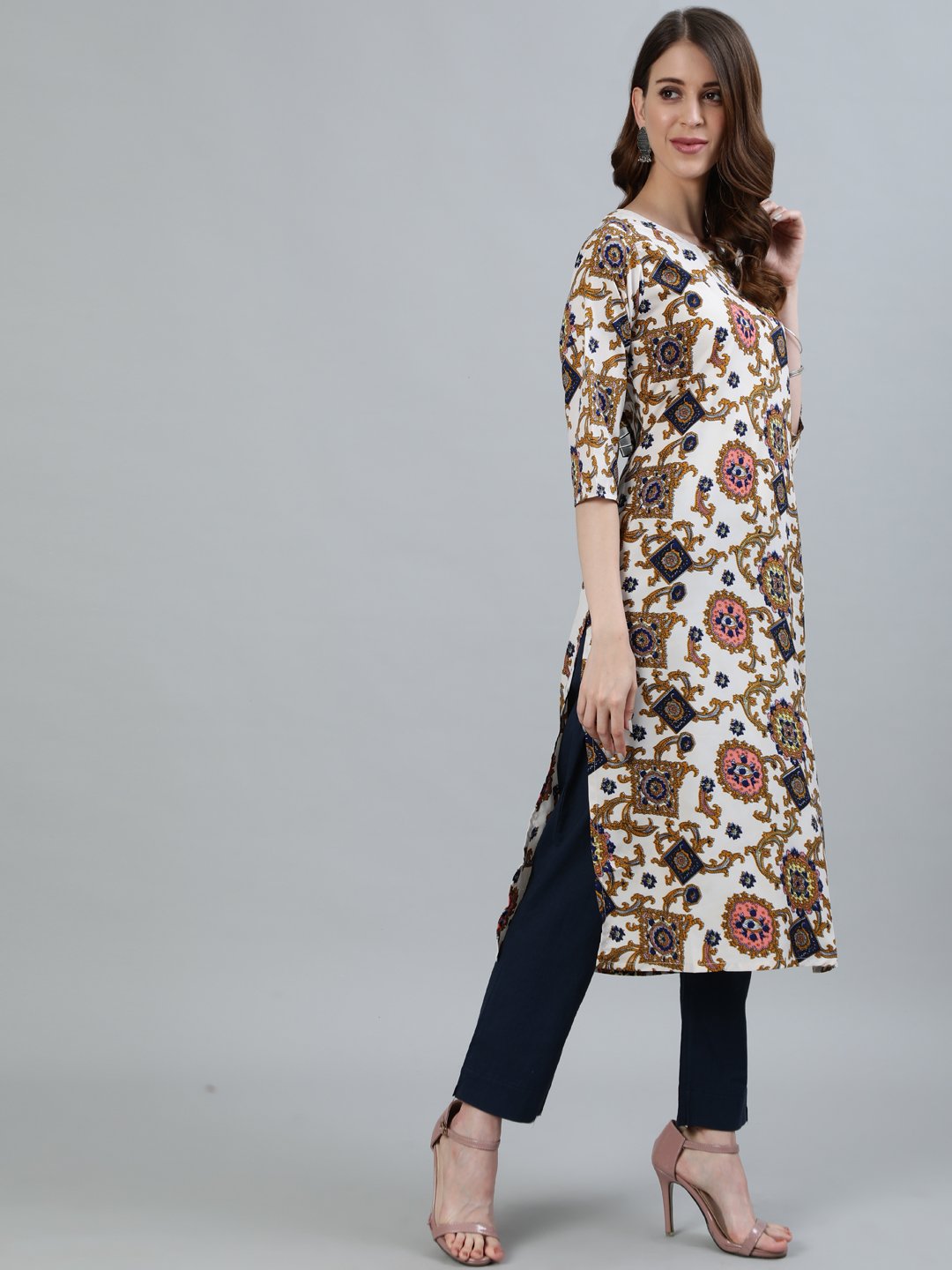 Women Off - White Printed Straight Kurta With Three Quarter Sleeves | LASVINI - Redefining Indian Fashion with Elegance