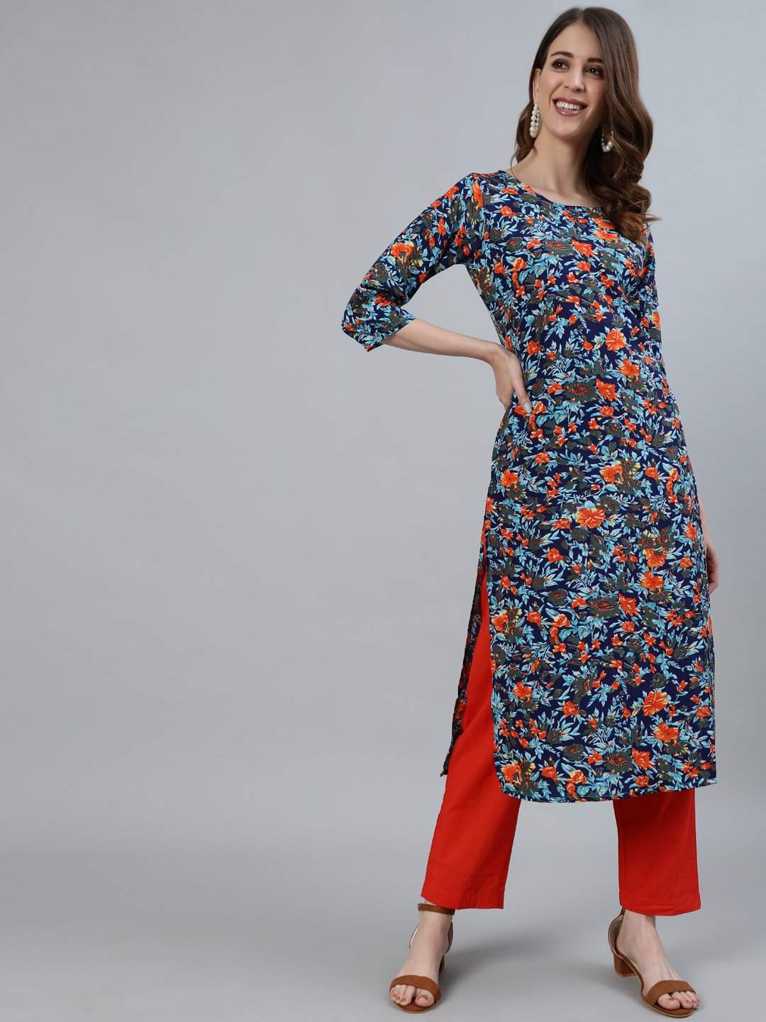 Women Blue Printed Straight Kurta With Three Quarter Sleeves | LASVINI - Redefining Indian Fashion with Elegance
