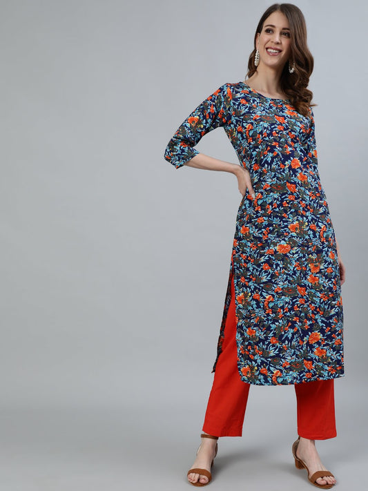 Women Blue Printed Straight Kurta With Three Quarter Sleeves | LASVINI - Redefining Indian Fashion with Elegance