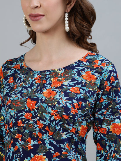 Women Blue Printed Straight Kurta With Three Quarter Sleeves | LASVINI - Redefining Indian Fashion with Elegance