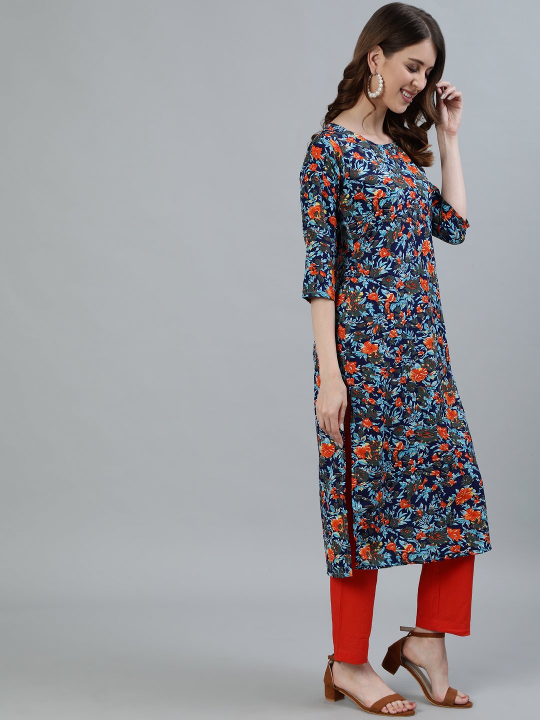 Women Blue Printed Straight Kurta With Three Quarter Sleeves | LASVINI - Redefining Indian Fashion with Elegance