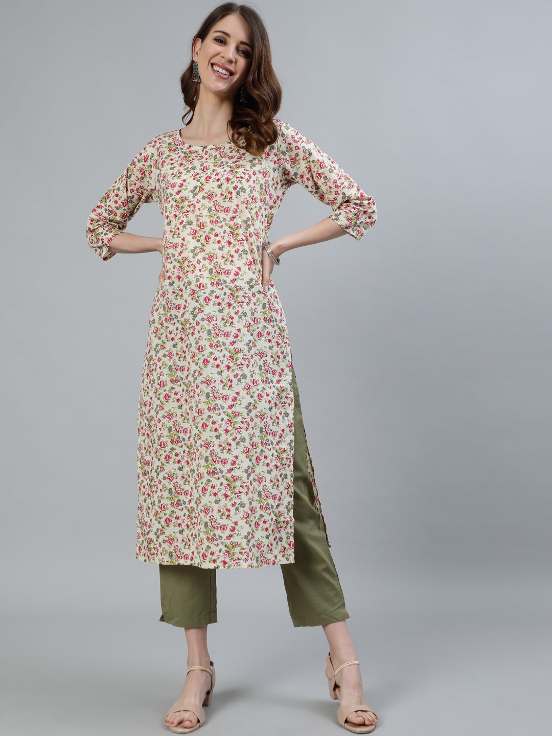Women Cream Floral Printed Straight Kurta With Three Quarter Sleeves | LASVINI - Redefining Indian Fashion with Elegance