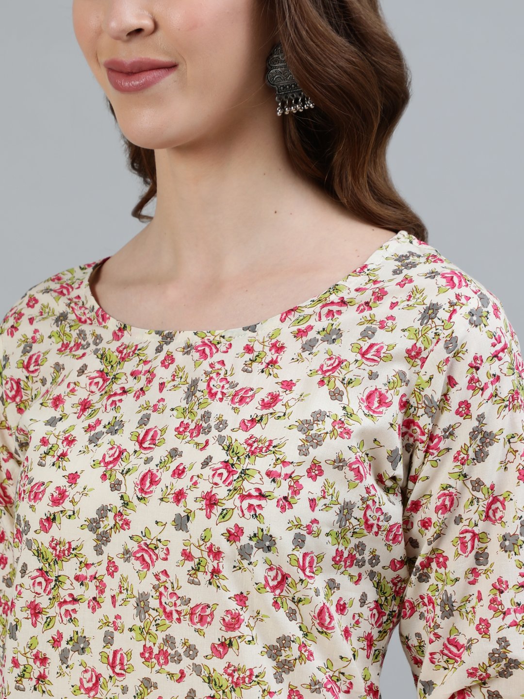 Women Cream Floral Printed Straight Kurta With Three Quarter Sleeves | LASVINI - Redefining Indian Fashion with Elegance