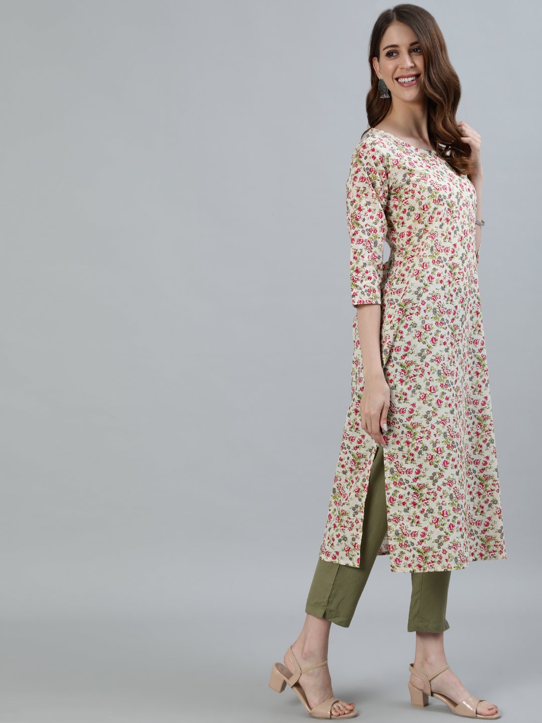 Women Cream Floral Printed Straight Kurta With Three Quarter Sleeves | LASVINI - Redefining Indian Fashion with Elegance