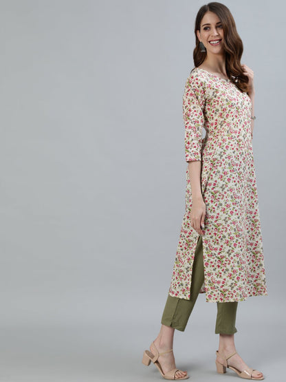 Women Cream Floral Printed Straight Kurta With Three Quarter Sleeves | LASVINI - Redefining Indian Fashion with Elegance