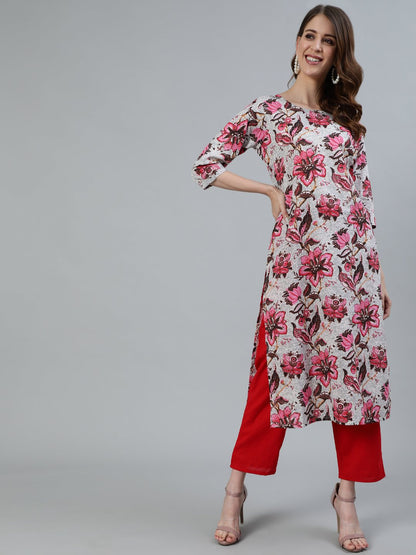 Women Off- White Floral Printed Straight Kurta With Three Quarter Sleeves | LASVINI - Redefining Indian Fashion with Elegance