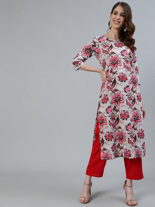 Women Off- White Floral Printed Straight Kurta With Three Quarter Sleeves | LASVINI - Redefining Indian Fashion with Elegance