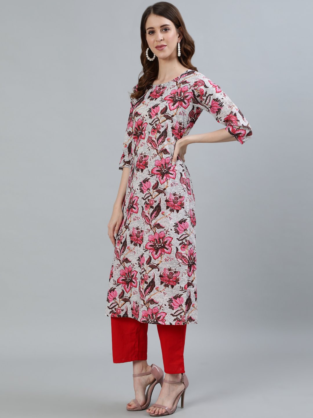 Women Off- White Floral Printed Straight Kurta With Three Quarter Sleeves | LASVINI - Redefining Indian Fashion with Elegance