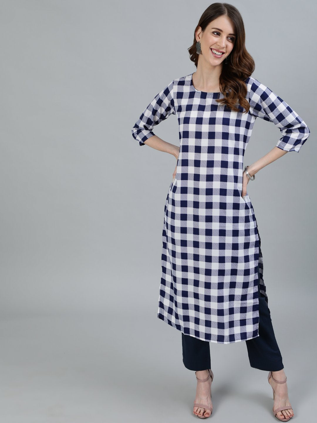Women Navy Blue Checked Printed Straight Kurta With Three Quarter Sleeves | LASVINI - Redefining Indian Fashion with Elegance