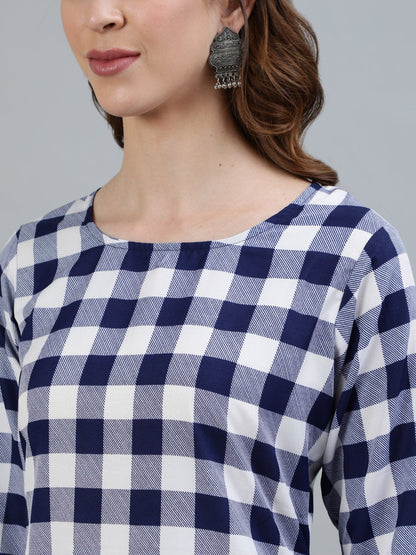 Women Navy Blue Checked Printed Straight Kurta With Three Quarter Sleeves | LASVINI - Redefining Indian Fashion with Elegance