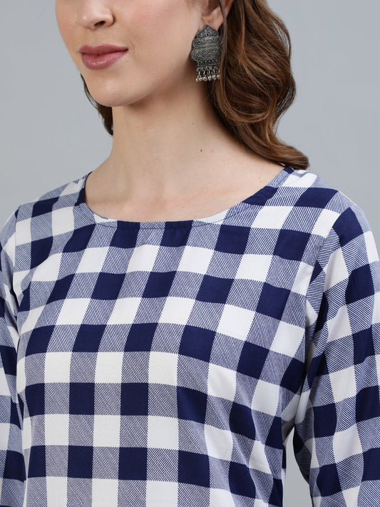 Women Navy Blue Checked Printed Straight Kurta With Three Quarter Sleeves | LASVINI - Redefining Indian Fashion with Elegance