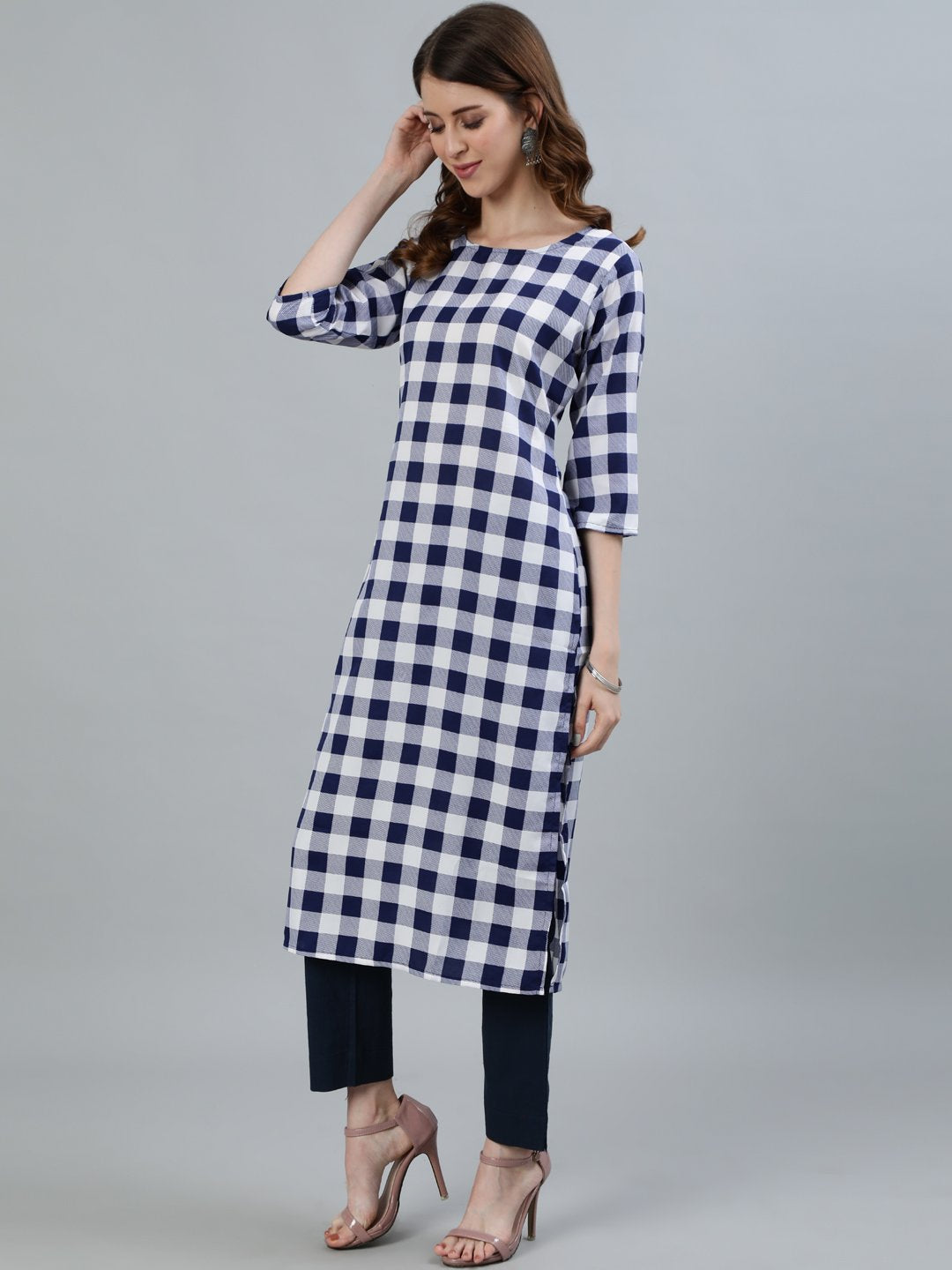 Women Navy Blue Checked Printed Straight Kurta With Three Quarter Sleeves | LASVINI - Redefining Indian Fashion with Elegance
