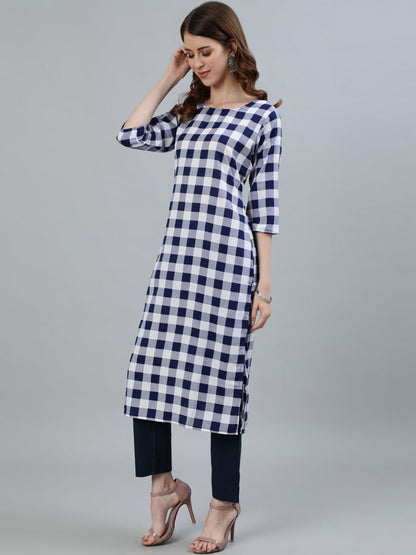 Women Navy Blue Checked Printed Straight Kurta With Three Quarter Sleeves | LASVINI - Redefining Indian Fashion with Elegance