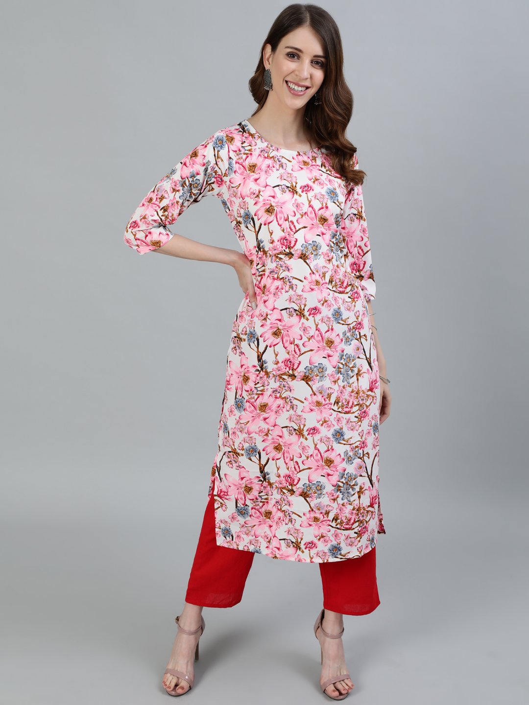 Women Pink Floral Printed Straight Kurta With Three Quarter Sleeves | LASVINI - Redefining Indian Fashion with Elegance