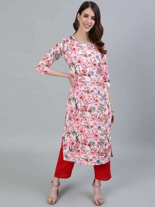 Women Pink Floral Printed Straight Kurta With Three Quarter Sleeves | LASVINI - Redefining Indian Fashion with Elegance
