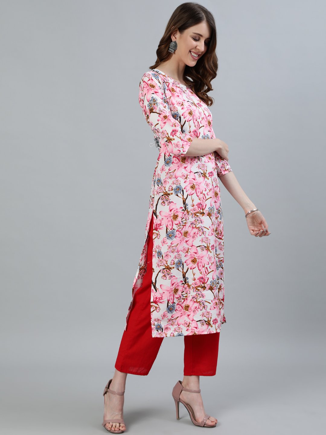 Women Pink Floral Printed Straight Kurta With Three Quarter Sleeves | LASVINI - Redefining Indian Fashion with Elegance