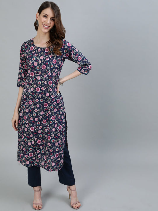 Women Navy Blue Floral Printed Straight Kurta With Three Quarter Sleeves | LASVINI - Redefining Indian Fashion with Elegance