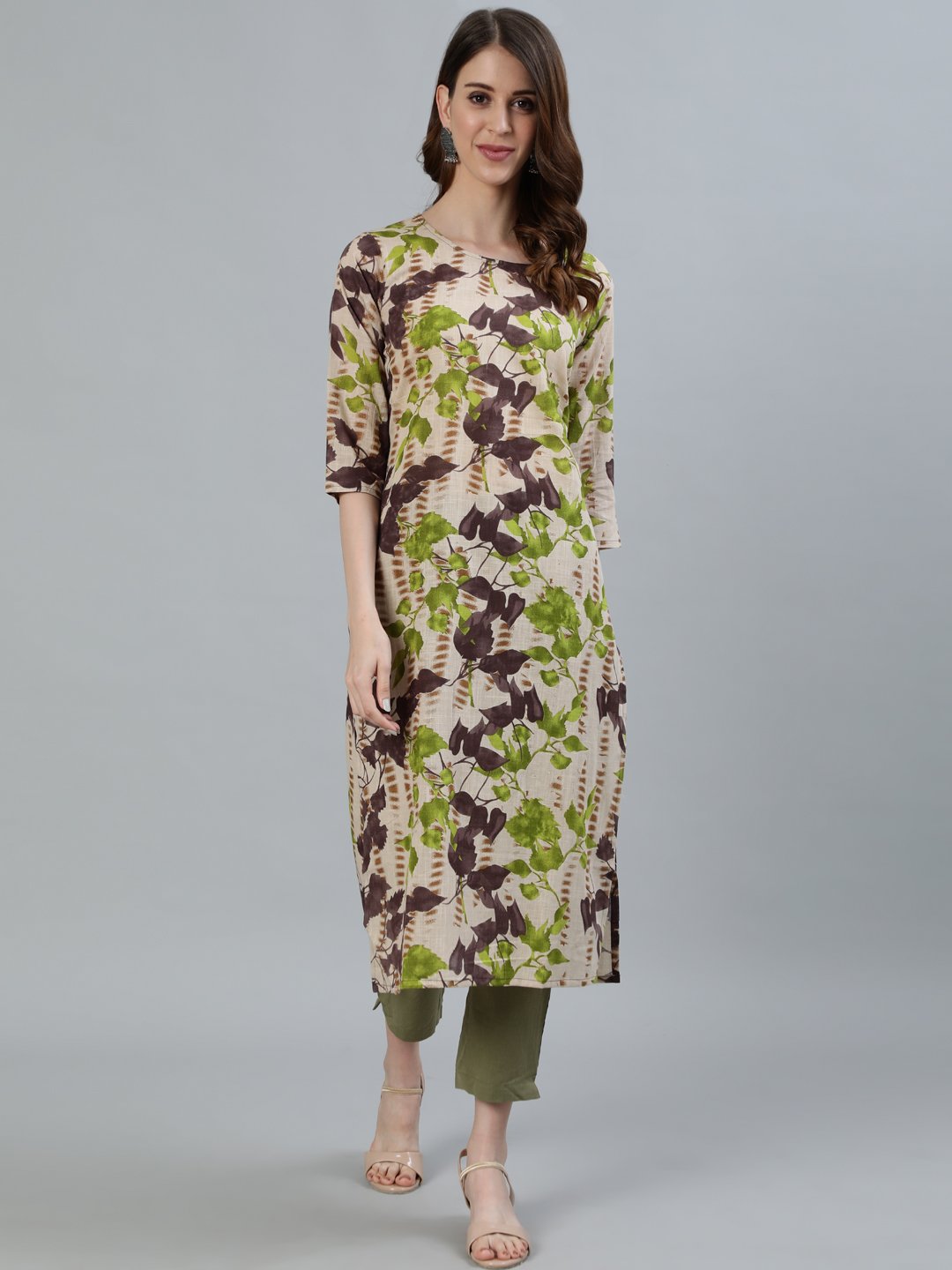 Women Beige Floral Printed Straight Kurta With Three Quarter Sleeves | LASVINI - Redefining Indian Fashion with Elegance