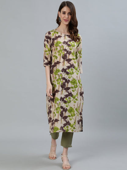 Women Beige Floral Printed Straight Kurta With Three Quarter Sleeves | LASVINI - Redefining Indian Fashion with Elegance