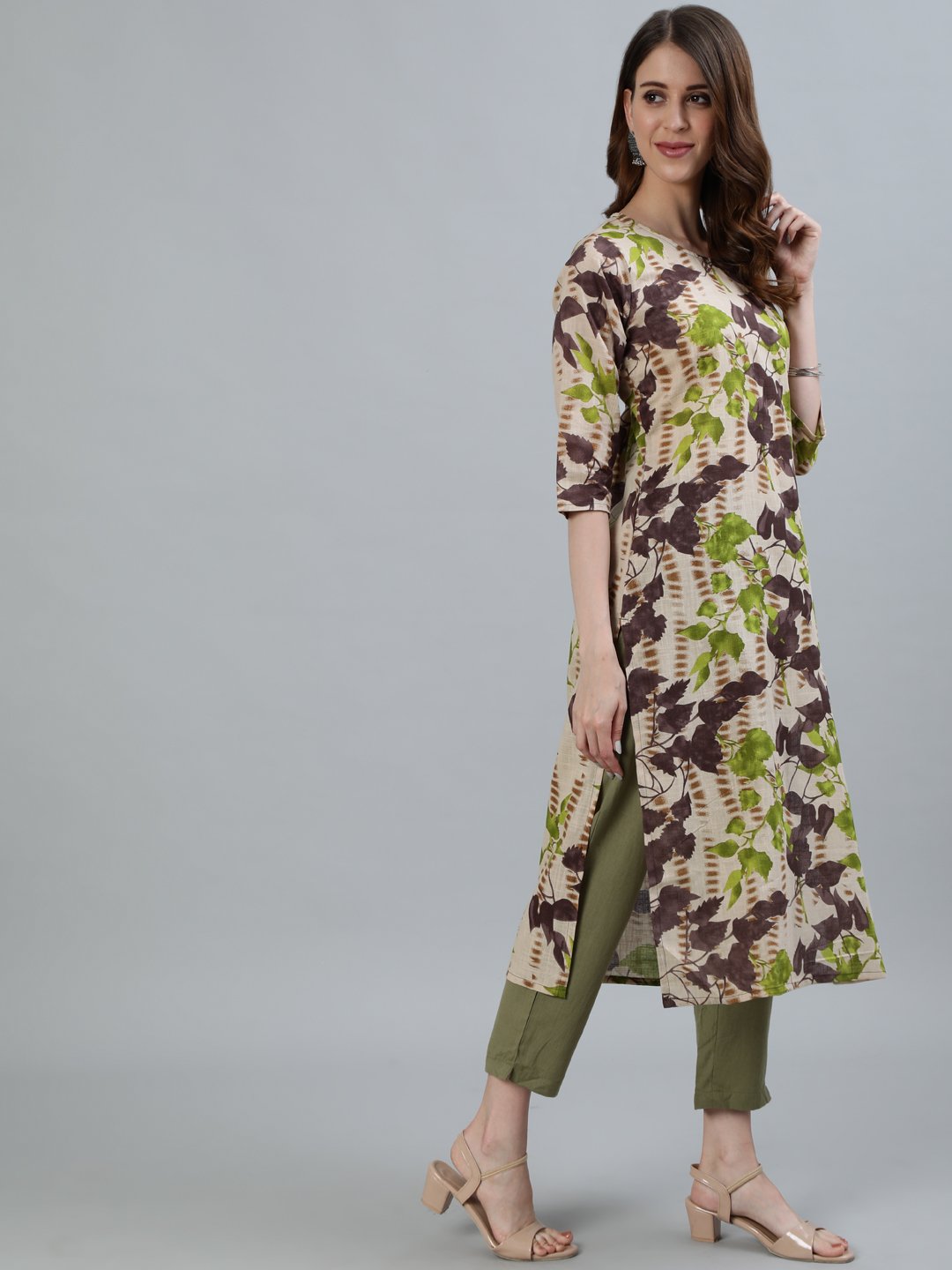 Women Beige Floral Printed Straight Kurta With Three Quarter Sleeves | LASVINI - Redefining Indian Fashion with Elegance