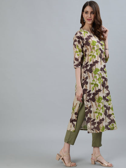 Women Beige Floral Printed Straight Kurta With Three Quarter Sleeves | LASVINI - Redefining Indian Fashion with Elegance