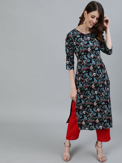 Women Black Floral Printed Straight Kurta With Three Quarter Sleeves | LASVINI - Redefining Indian Fashion with Elegance
