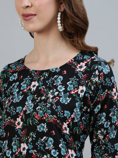 Women Black Floral Printed Straight Kurta With Three Quarter Sleeves | LASVINI - Redefining Indian Fashion with Elegance