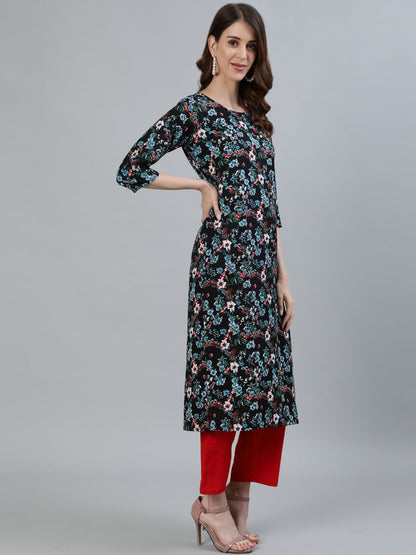 Women Black Floral Printed Straight Kurta With Three Quarter Sleeves | LASVINI - Redefining Indian Fashion with Elegance