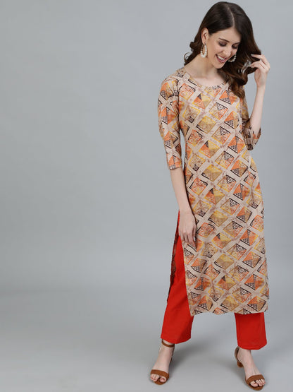 Women Beige Printed Straight Kurta With Three Quarter Sleeves | LASVINI - Redefining Indian Fashion with Elegance