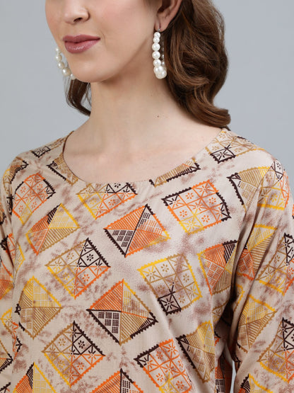 Women Beige Printed Straight Kurta With Three Quarter Sleeves | LASVINI - Redefining Indian Fashion with Elegance