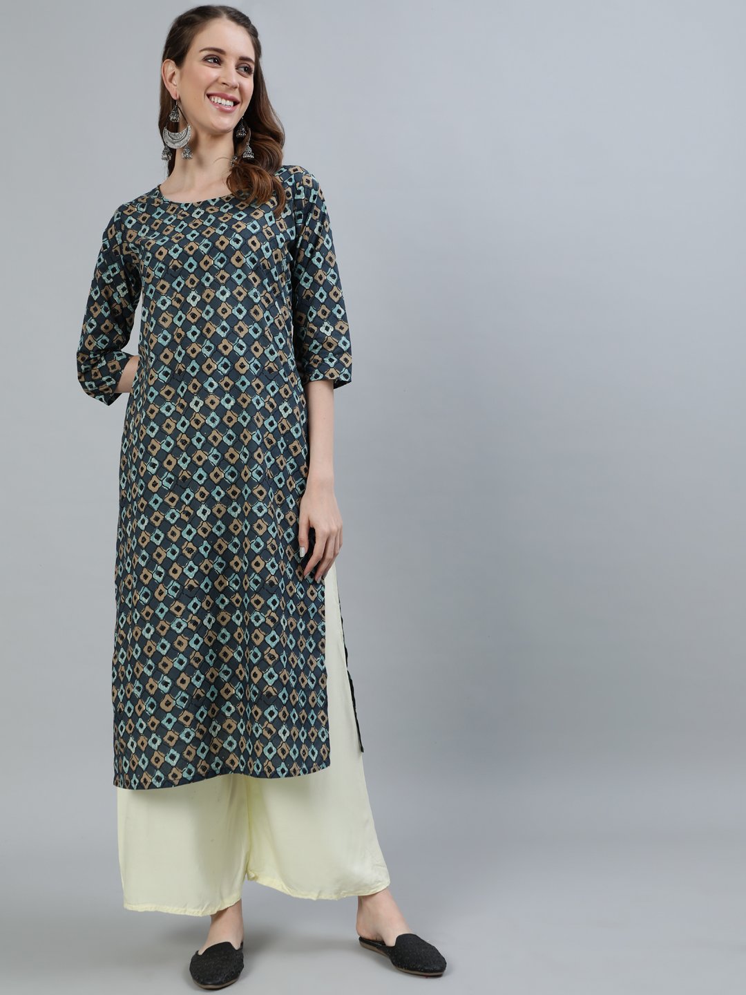Women Grey Printed Straight Kurta With Three Quarter Sleeves | LASVINI - Redefining Indian Fashion with Elegance