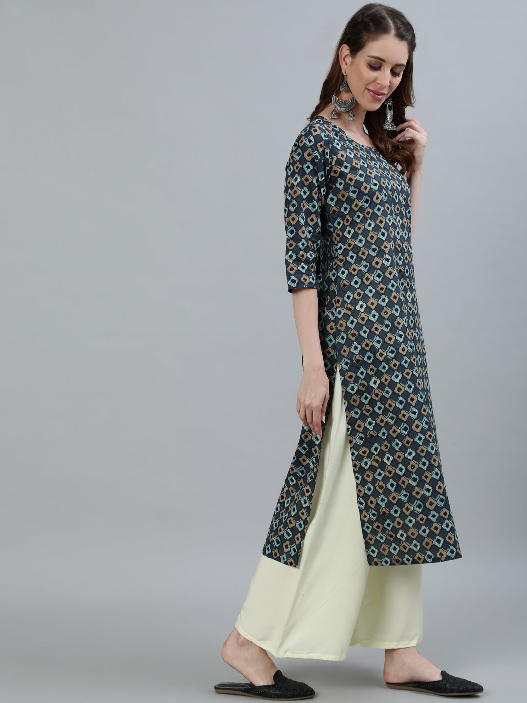 Women Grey Printed Straight Kurta With Three Quarter Sleeves | LASVINI - Redefining Indian Fashion with Elegance