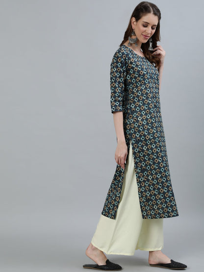 Women Grey Printed Straight Kurta With Three Quarter Sleeves | LASVINI - Redefining Indian Fashion with Elegance