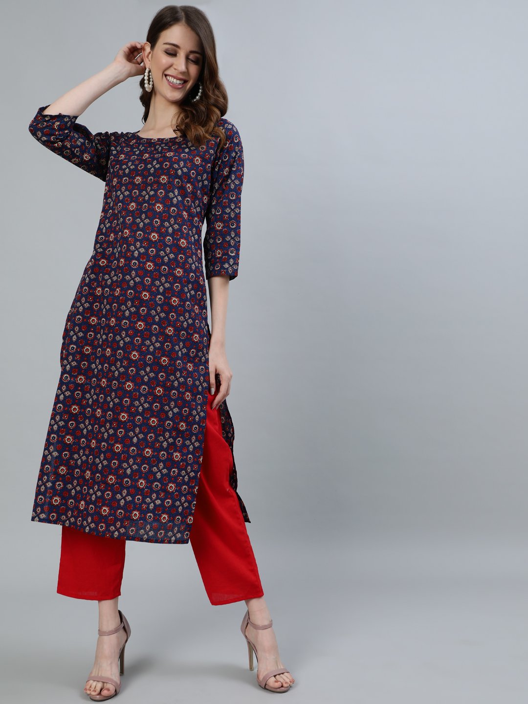 Women Navy Blue Printed Straight Kurta With Three Quarter Sleeves | LASVINI - Redefining Indian Fashion with Elegance