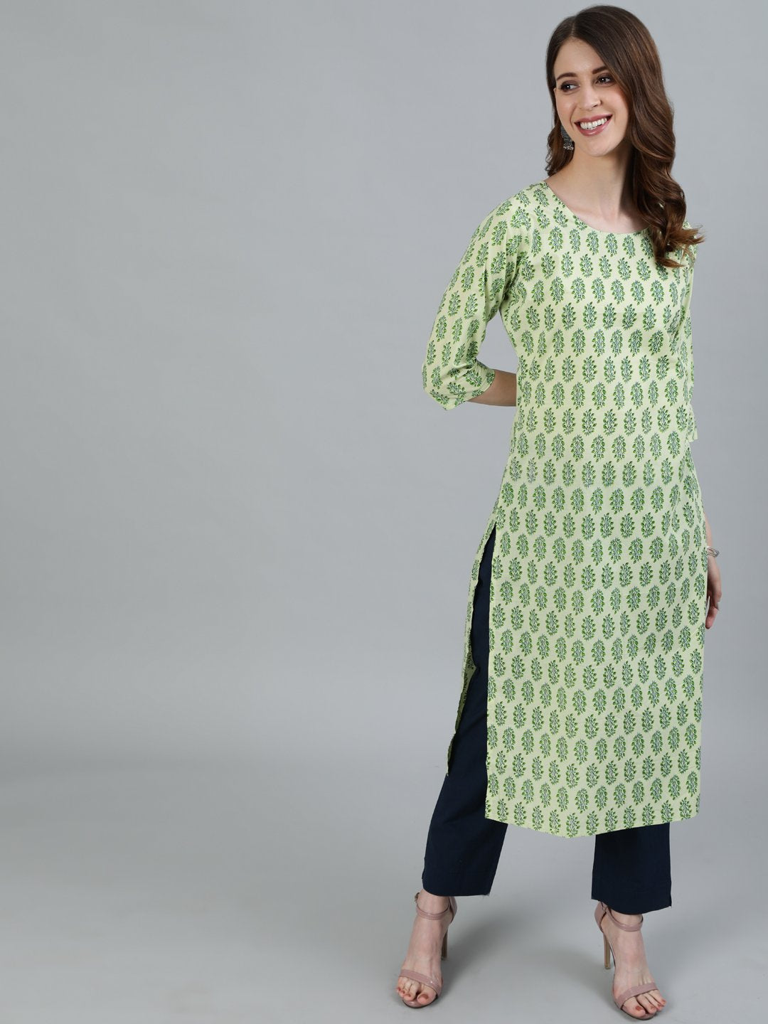 Women Green Printed Straight Kurta With Three Quarter Sleeves | LASVINI - Redefining Indian Fashion with Elegance
