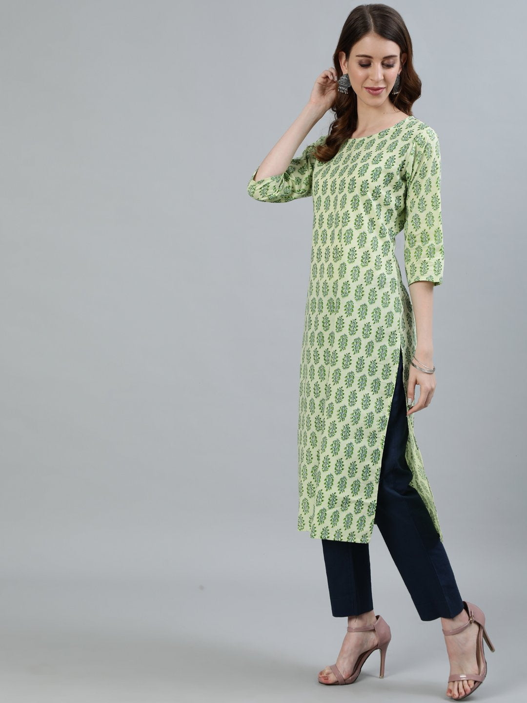 Women Green Printed Straight Kurta With Three Quarter Sleeves | LASVINI - Redefining Indian Fashion with Elegance