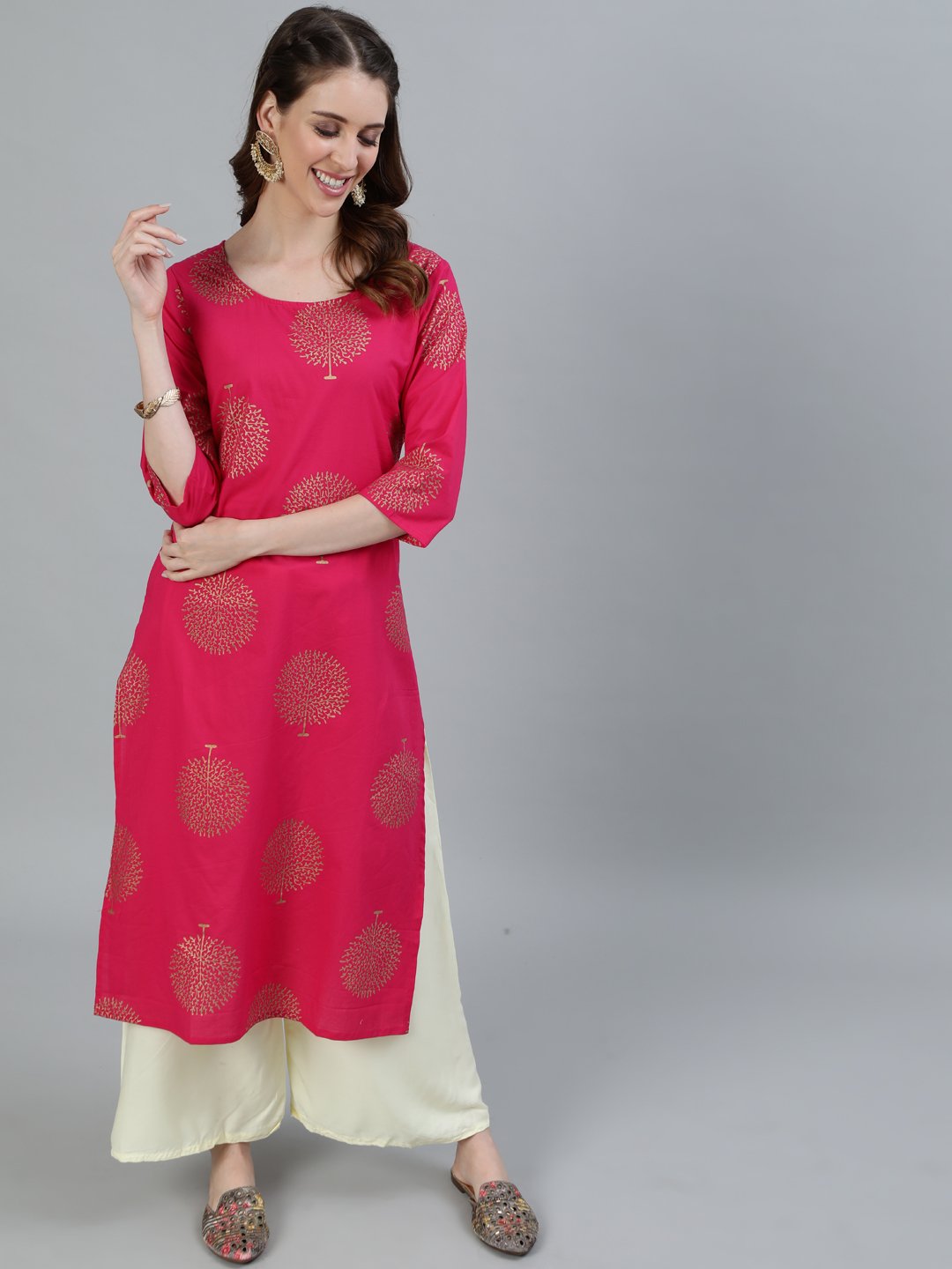 Women Pink Printed Straight Kurta With Three Quarter Sleeves | LASVINI - Redefining Indian Fashion with Elegance