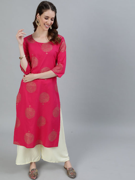 Women Pink Printed Straight Kurta With Three Quarter Sleeves | LASVINI - Redefining Indian Fashion with Elegance