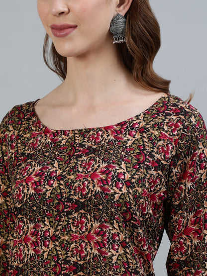 Women Olive Green Printed Straight Kurta With Three Quarter Sleeves | LASVINI - Redefining Indian Fashion with Elegance