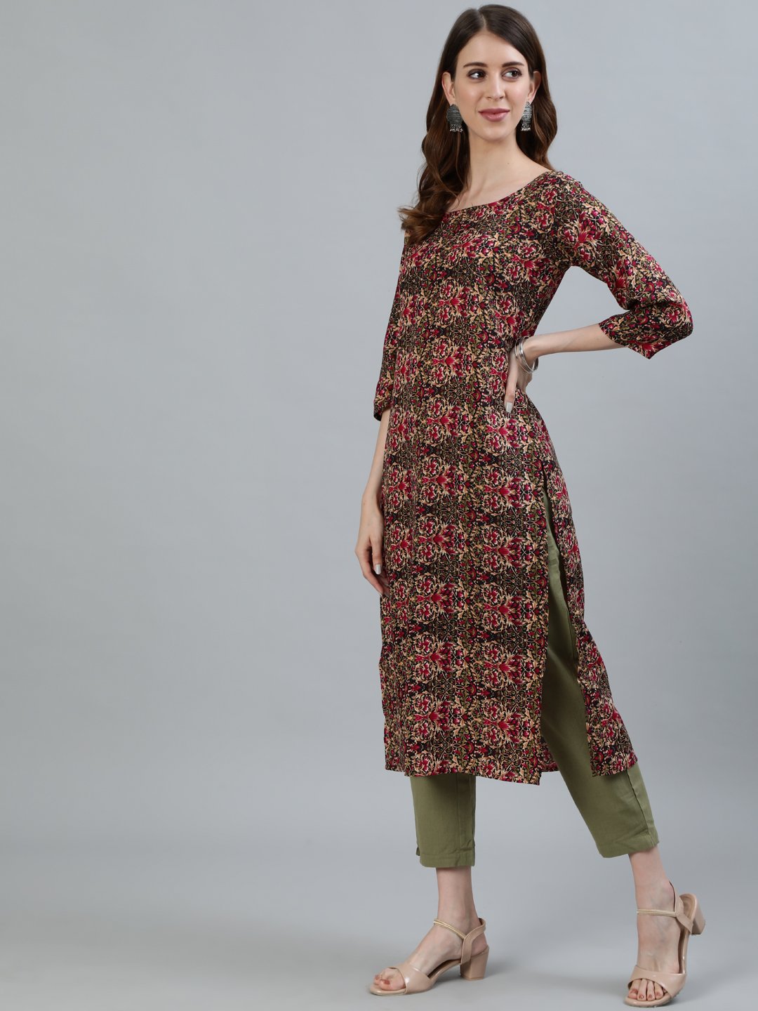 Women Olive Green Printed Straight Kurta With Three Quarter Sleeves | LASVINI - Redefining Indian Fashion with Elegance
