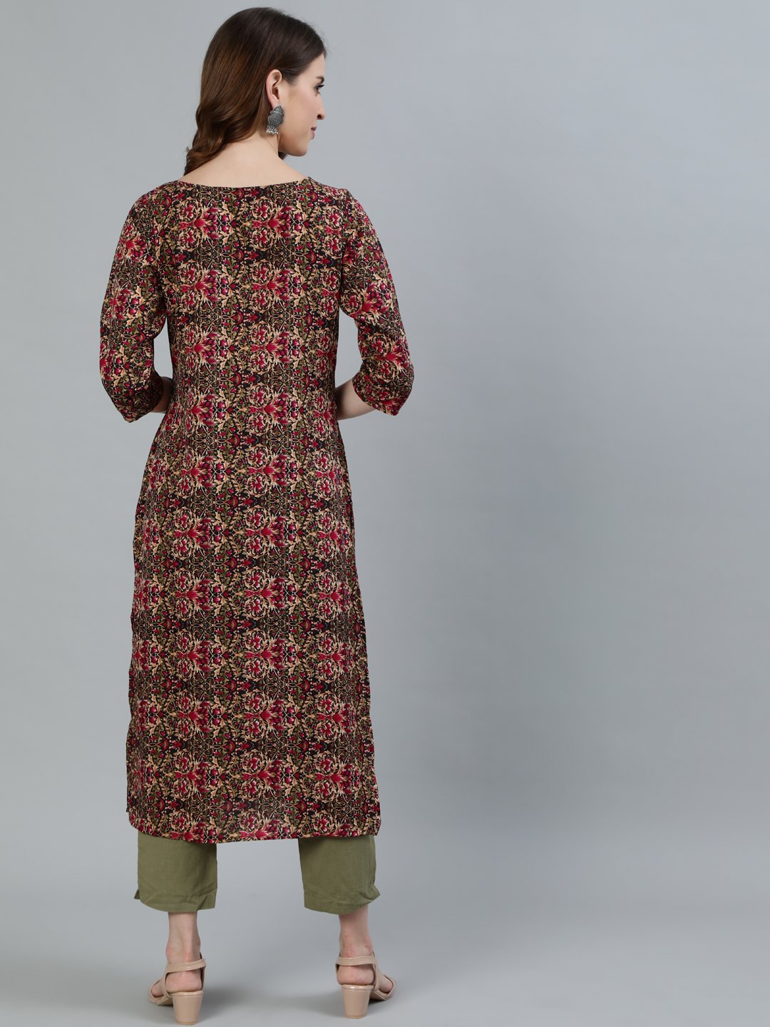 Women Olive Green Printed Straight Kurta With Three Quarter Sleeves | LASVINI - Redefining Indian Fashion with Elegance