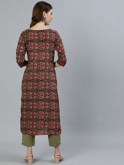 Women Olive Green Printed Straight Kurta With Three Quarter Sleeves | LASVINI - Redefining Indian Fashion with Elegance