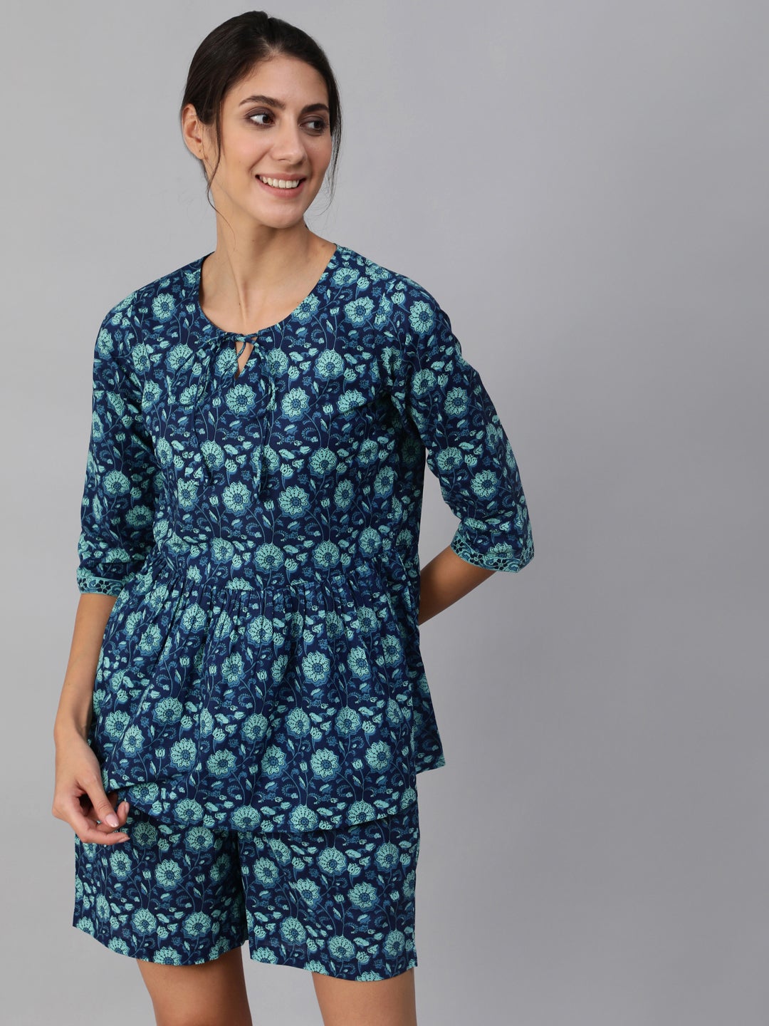 Women Blue Floral Printed Night Suit | LASVINI - Redefining Indian Fashion with Elegance