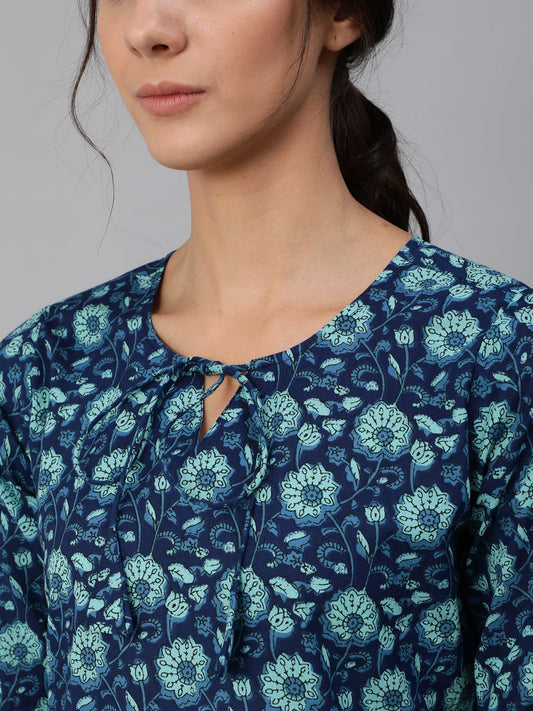 Women Blue Floral Printed Night Suit | LASVINI - Redefining Indian Fashion with Elegance